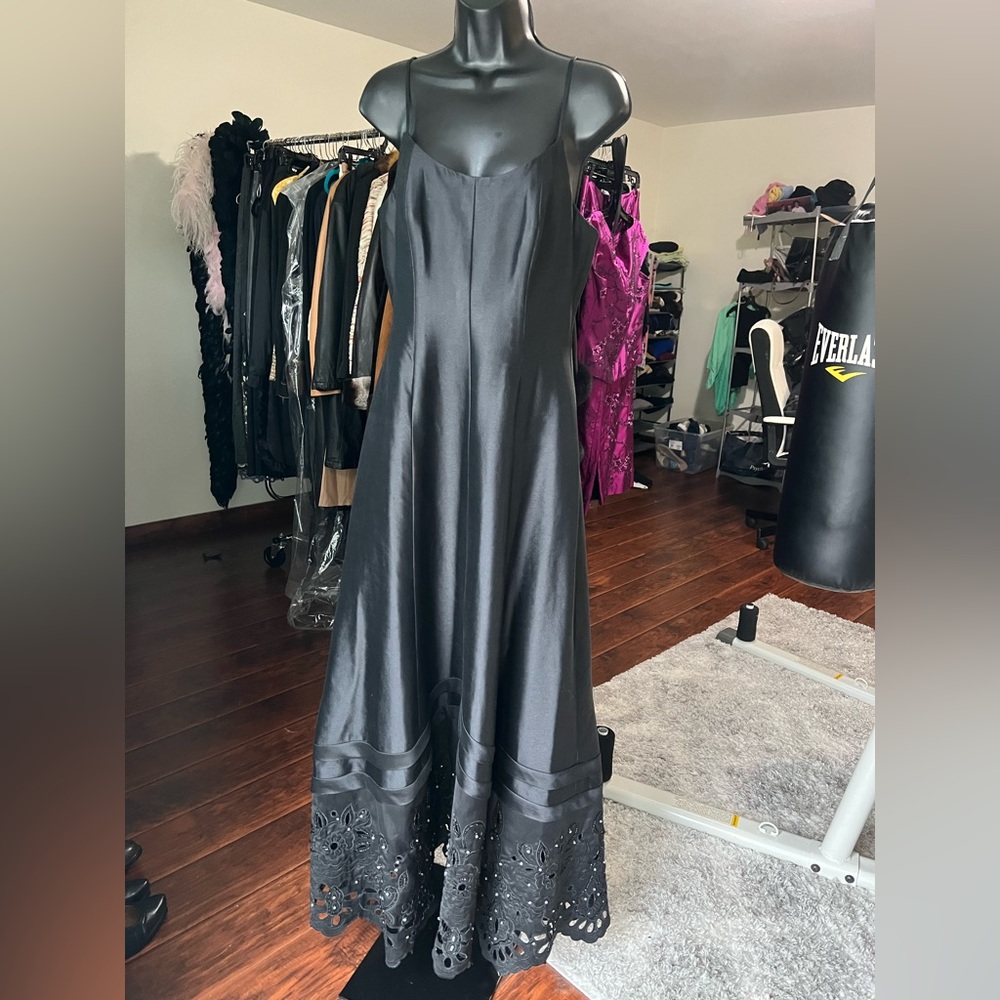 One of a kind Custom Black Silk Gown Dress size 10 crystal beaded embroidered